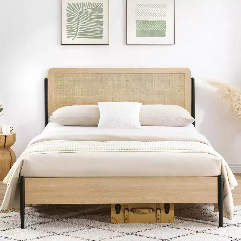 Queen Bed Frame with Rattan Headboard - Boho Style Platform Bed with Underbed Storage, No Box Spring Needed