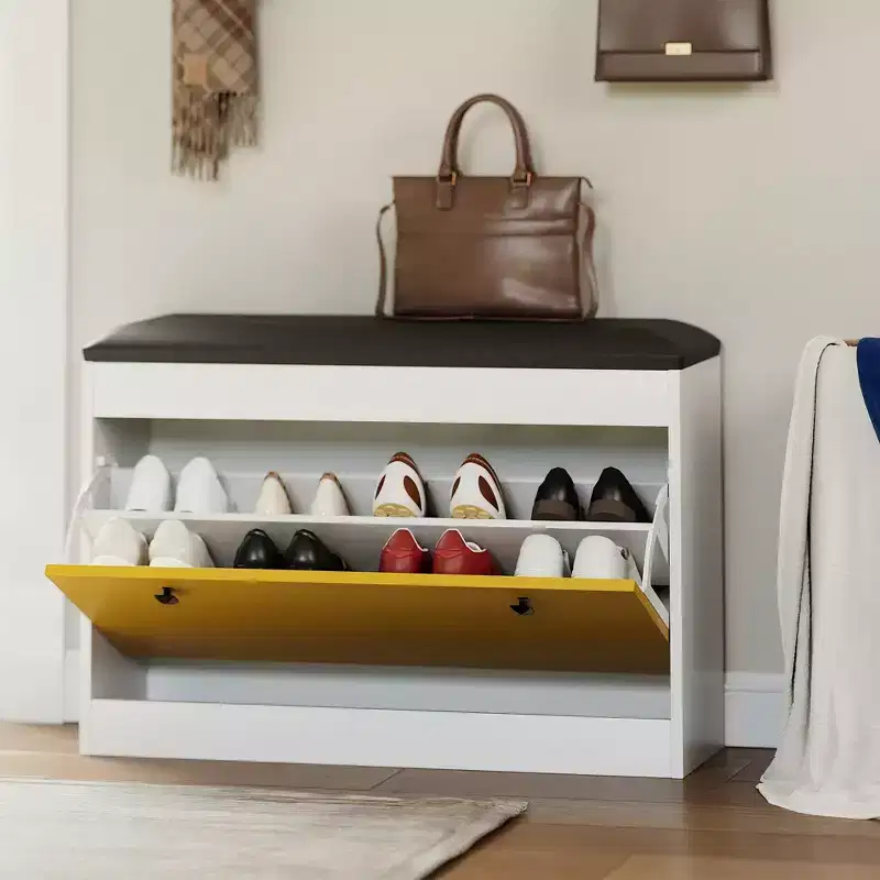 Shoe Storage Bench, 31.5'' Shoe Organizer Bench with Flip Drawer & PU Cushion, Modern Entryway Shoe Cabinet