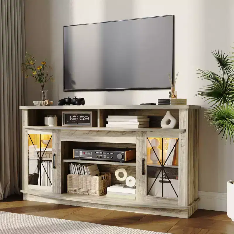 TV stand suitable for 65-inch TVs, featuring LED lighting, spacious storage cabinets, adjustable shelves, and easy installation.