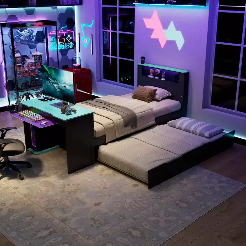 Twin/Full Size Daybed with Trundle & Gaming Desk, Wood Bed Frame with RGB LED light, USB Ports & Keyboard Tray - ModernLuxe