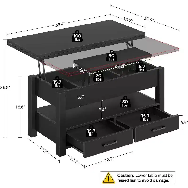 Transforming Lift Top Coffee Table, Converts to a Dining Table or Desk with Ample Storage