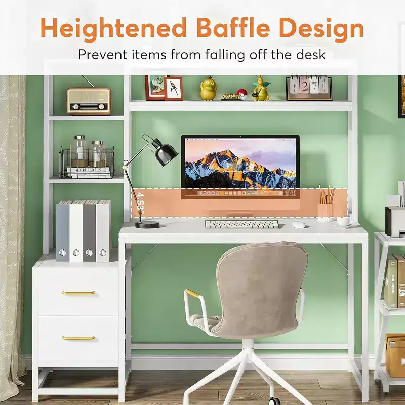 Tall Computer Desk with Hutch, 2 Drawers & Open Shelves, Modern Writing Table, White, 59.89