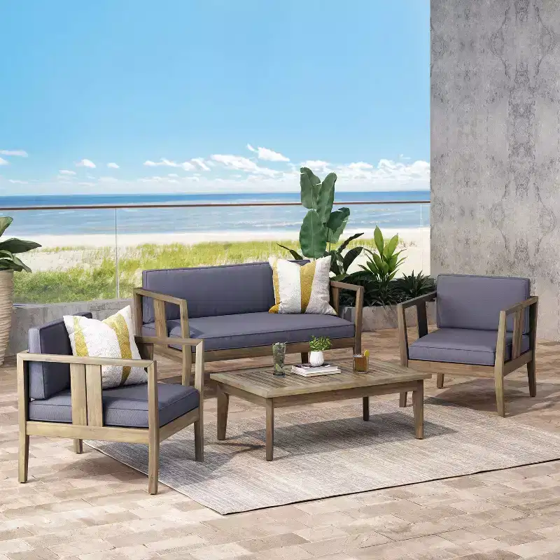 Christopher Knight Home Ted Outdoor 4 Piece Acacia Wood Chat Set with Cushions and Slatted Coffee Table