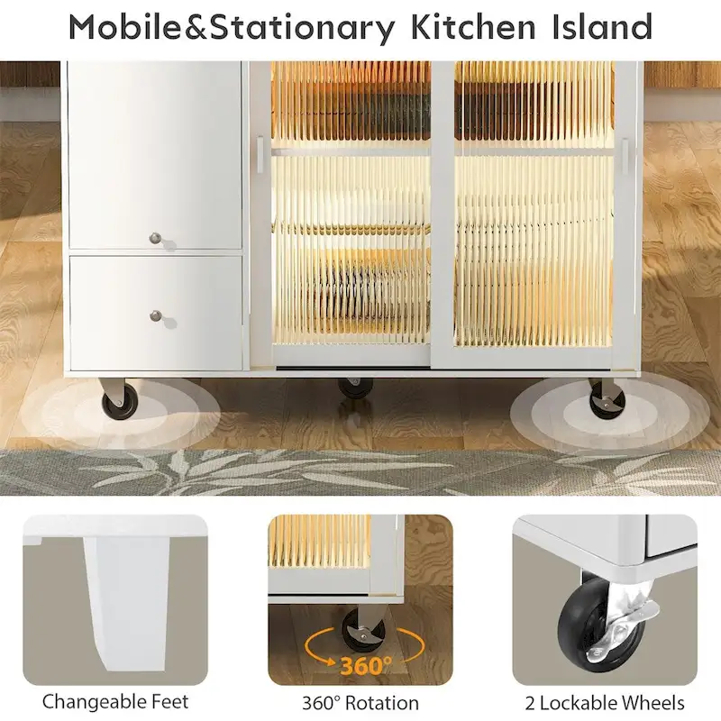 Kitchen Island with Drop Leaf,LED Light Kitchen Cart on Wheels