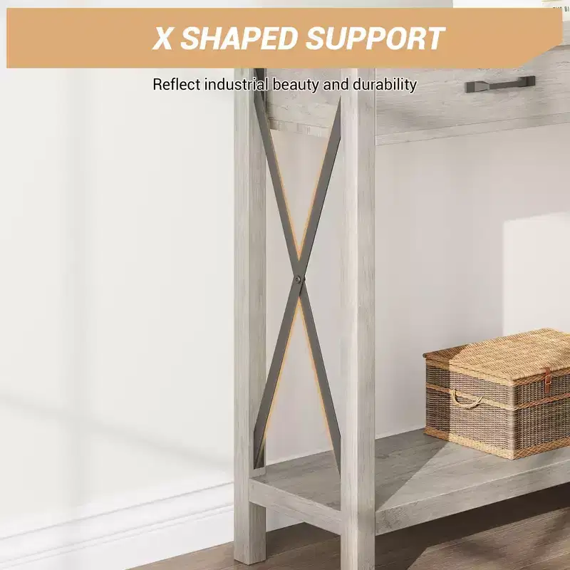 Gray Console Table with 2 Drawers, X-Metal Legs, Open Shelf – 110x30x80cm, 1-Person Use