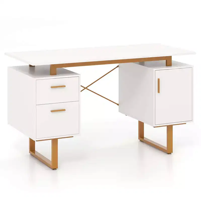 51 Home Office Desk with Floating Desktop Dual Drawers Cabinet & Metal Frame