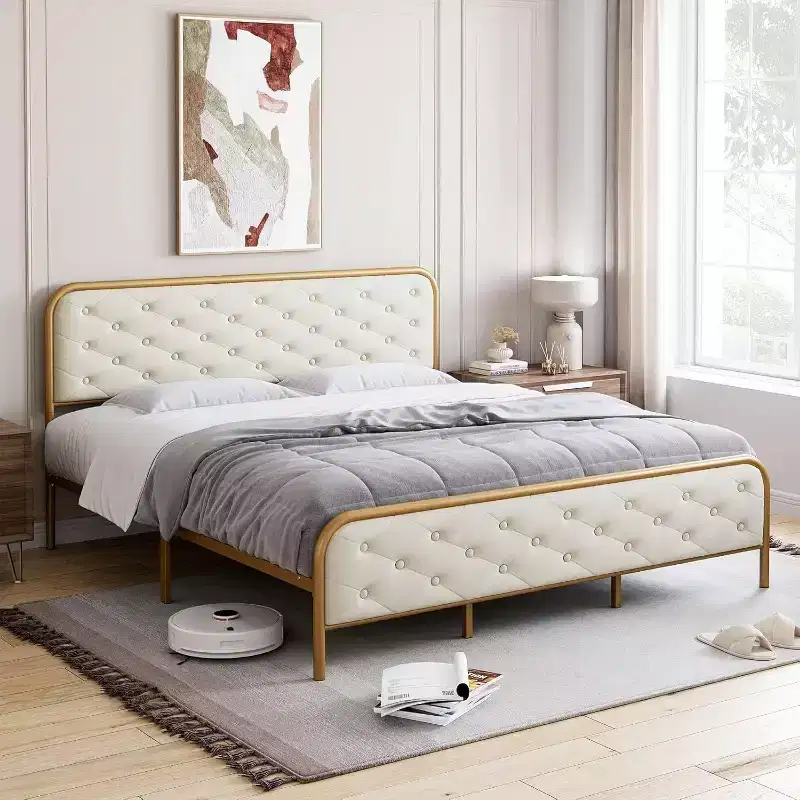 Acekool King Size Velvet Upholstered Platform Bed Frame with Button Tufted Curved Headboard & Gold Metal Frame