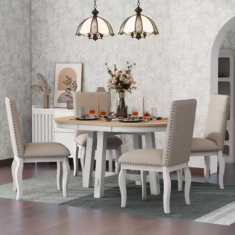 Whisen 5-Piece Farmhouse Dining Table Set with Extendable Dining Table and 4 Upholstered Dining Chairs