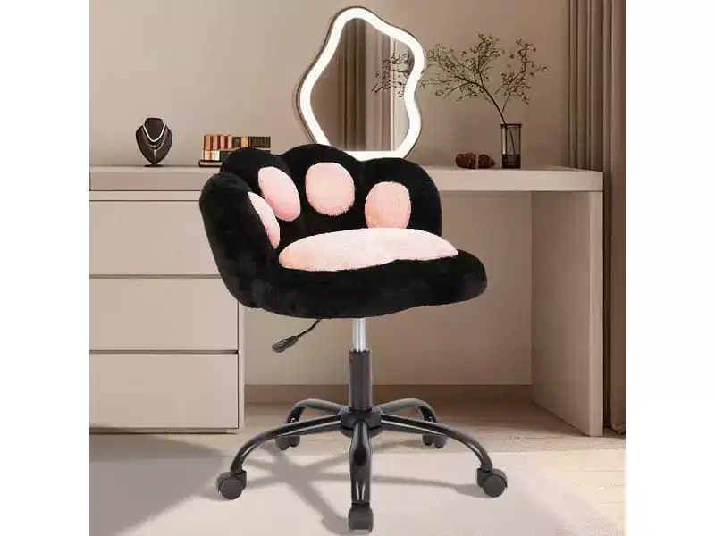 Vanity Chair with Cat Paw Back, Armless Desk Chair Cute Small Office Chair with Wheels ,Teddy Fabric 360Rotating Computer Chair, Adjustable Height