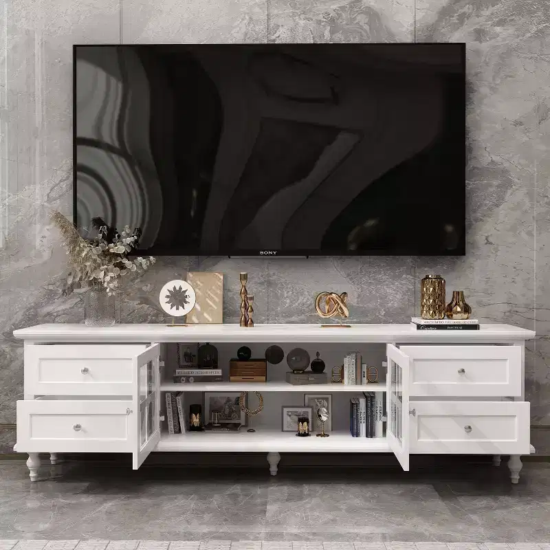 Media Console TV Stand with Glass Doors and Drawer Storage for Living Room