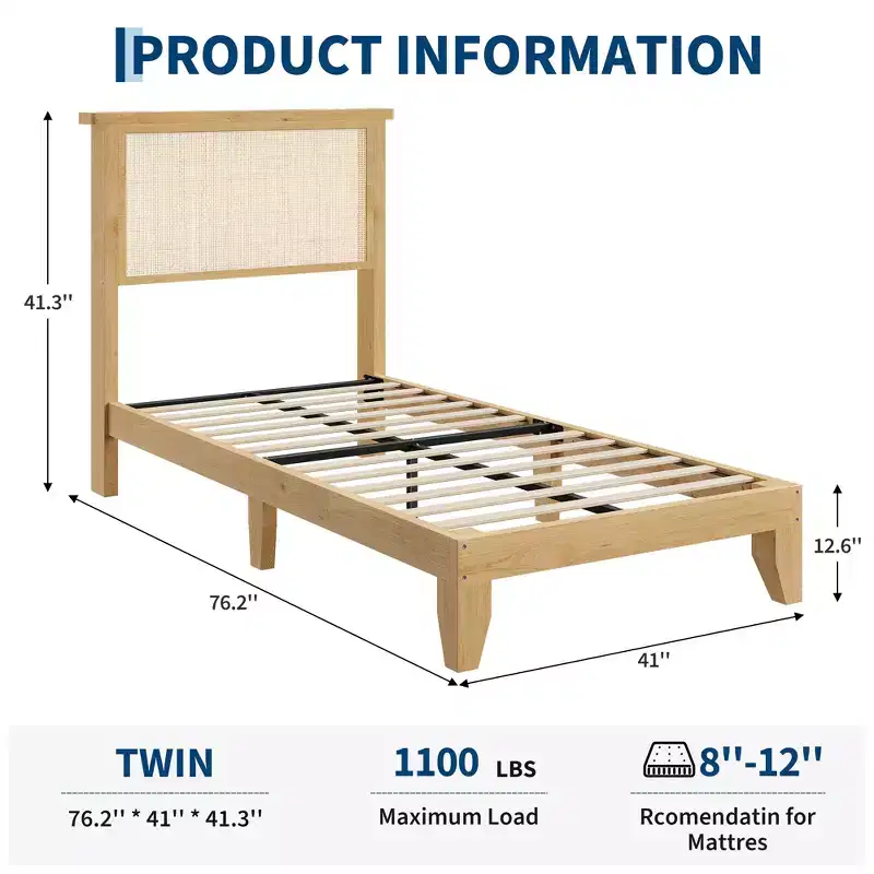 Rattan Bed Frame,Natural Storage Headboard with Lights, Wooden Support Legs & Silent Slats, No Box Spring, Noise-Free, Easy Assembly