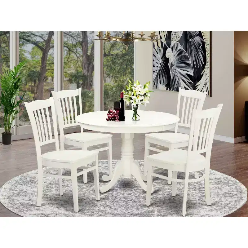 HomeStock Belmont 5 Piece Dining Room Furniture Set Includes a Round Dining Table with Pedestal and 4 Wood Seat Chairs, 42x42 Inch, Linen White