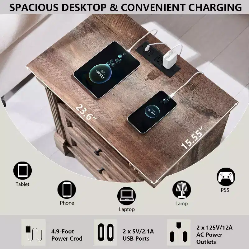 26 Nightstand with Charging, 23.6 Farmhouse Table Open Shelf & 2 Drawers