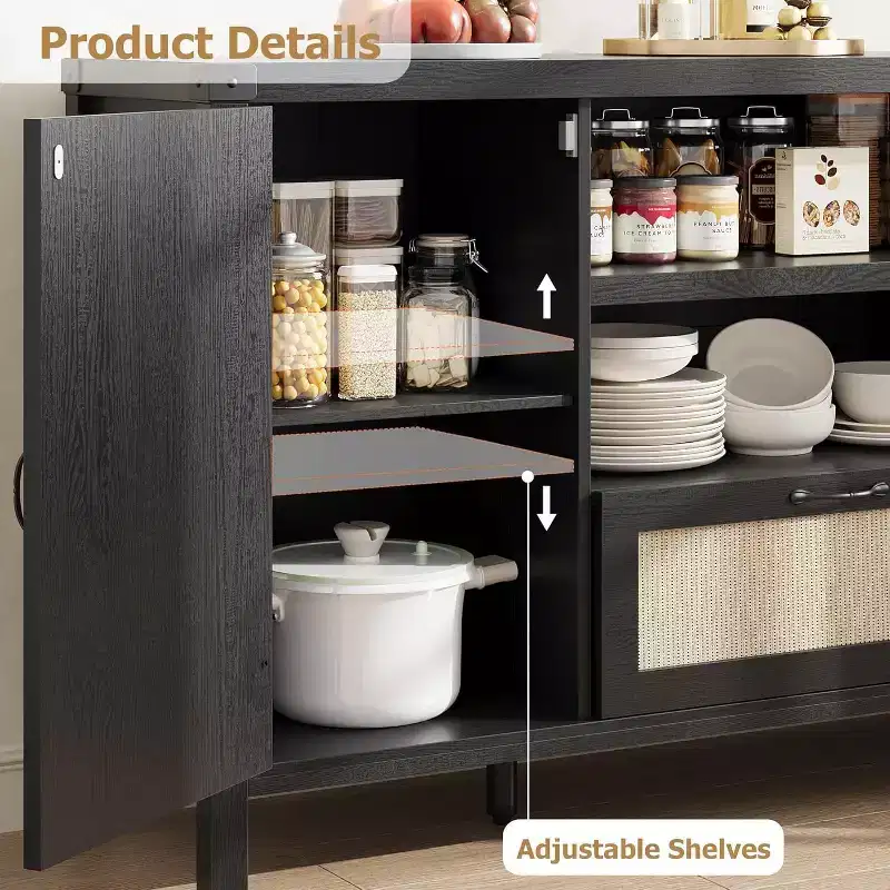 Sideboard Cabinet, 59.1 Rattan Farmhouse Buffet with Drawer & Open Shelves, Boho Storage for Dining Living Room