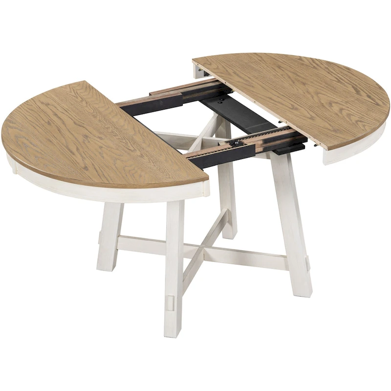TREXM Farmhouse Round Extendable Dining Table with 16 Leaf Wood Kitchen Table