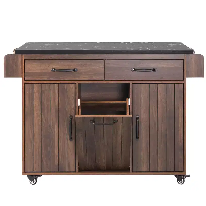 Walnut Rolling Kitchen Island Cart with Tilt-Out Trash Storage, 1-Person