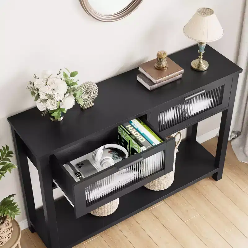 Wood Console Table for Entryway  43.3 Narrow Sofa Table w/ 2 Glass Drawers, Farmhouse MDF Storage Shelf for Living Room & Foyer