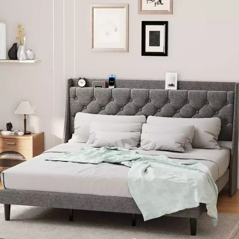 King Upholstered Bed Frame with Wingback Headboard, Linen Upholstery - Deep Button Tufted, Storage Shelf
