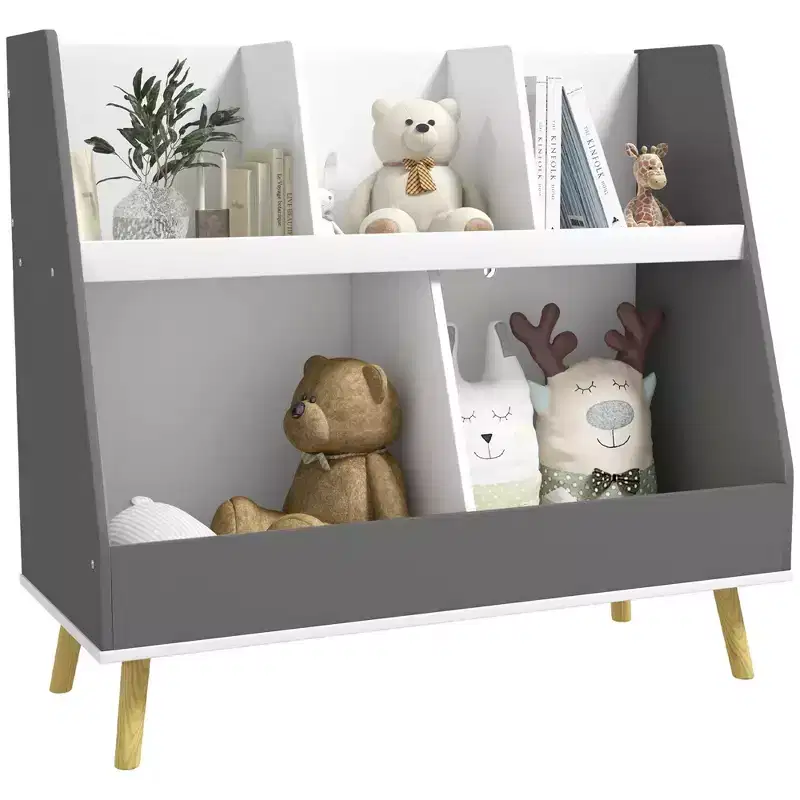 Kids Bookcase Toy Shelf, 2 Tier Toddlers Toy Storage Shelf with 5 Compartments, Anti-tip Device, Pine Wood Legs for Nursery, Playroom, Classroom, Gray