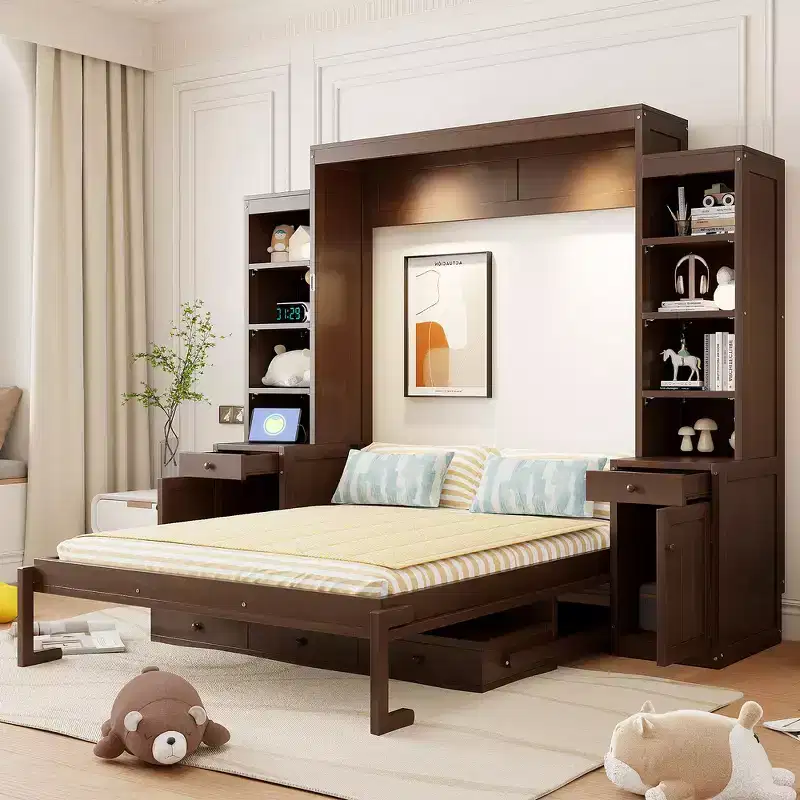 Queen Murphy Bed with Built-In Desk, Cabinets & Drawers – Solid Wood, 600 lb Capacity, 2 Finishes