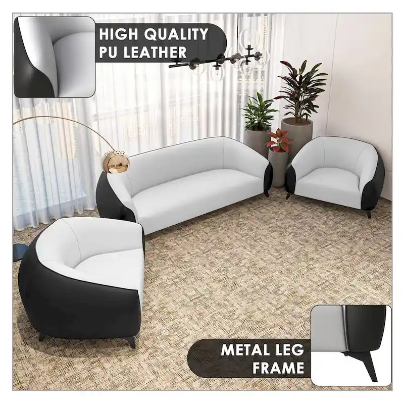 3-Piece Sofa Set Upholstered PU Leather with Solid Wood Frame and Steel Legs Opula Series by LeisureMod