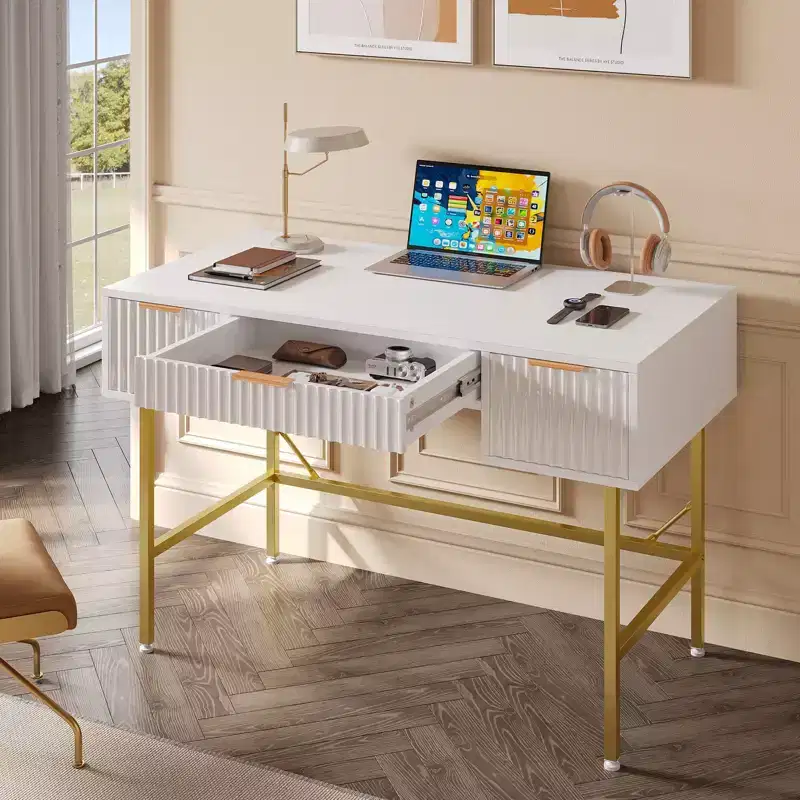 Bestier 47 Fluted Computer Writing Desk with Storage for Home Office,Fluted Makeup Vanity Desk with 3 Drawers and golden legs,White