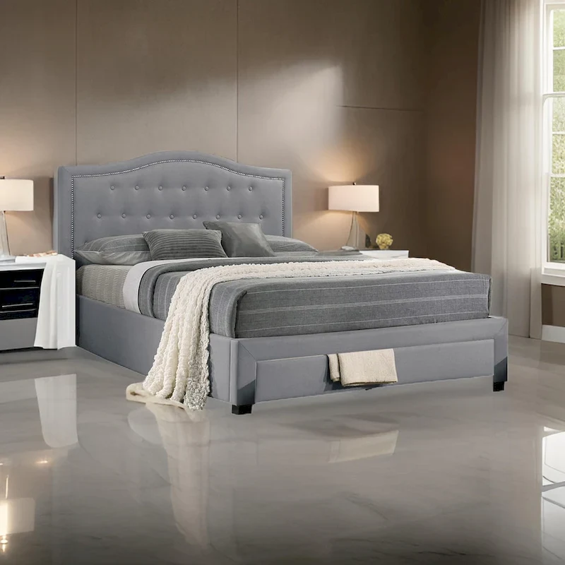 Sey California King Bed w Storage Drawer, Light Gray Burlap Upholstery
