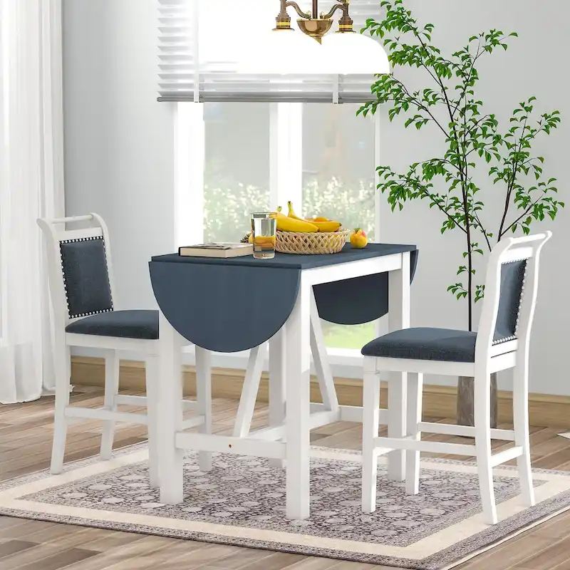 White 3-Piece Wooden Counter Height Dining Table Set with Drop Leaf Table & 2 Chairs