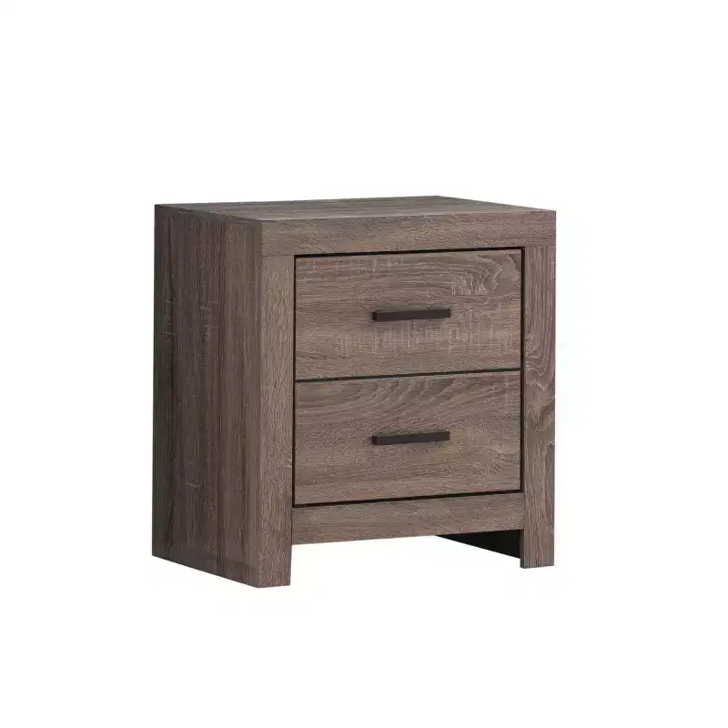 Benzara 2 Drawer Nightstand with Metal Bar Pulls Brown: Sturdy Particle Board Bedside Storage