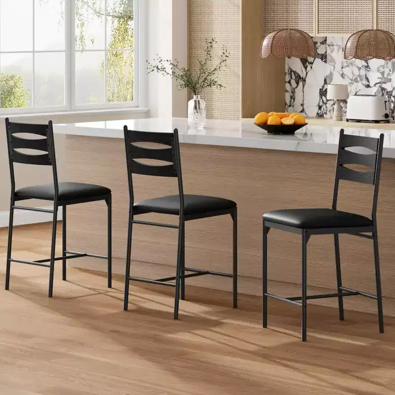Counter Height Bar Stools, Faux Leather Upholstered Bar Chairs with Wooden Back, Thick Cushion and Footrest for Kitchen Island
