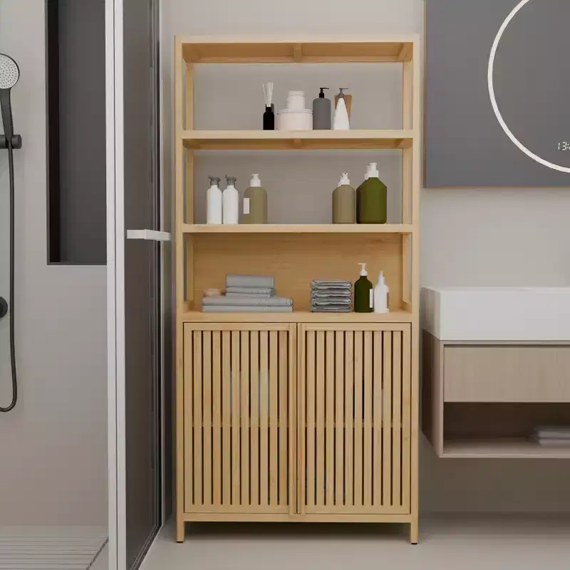 GDFStudio Theresa Modern 64.7 Bamboo Tall Storage Cabinet with 4 Shelves and 2 Doors