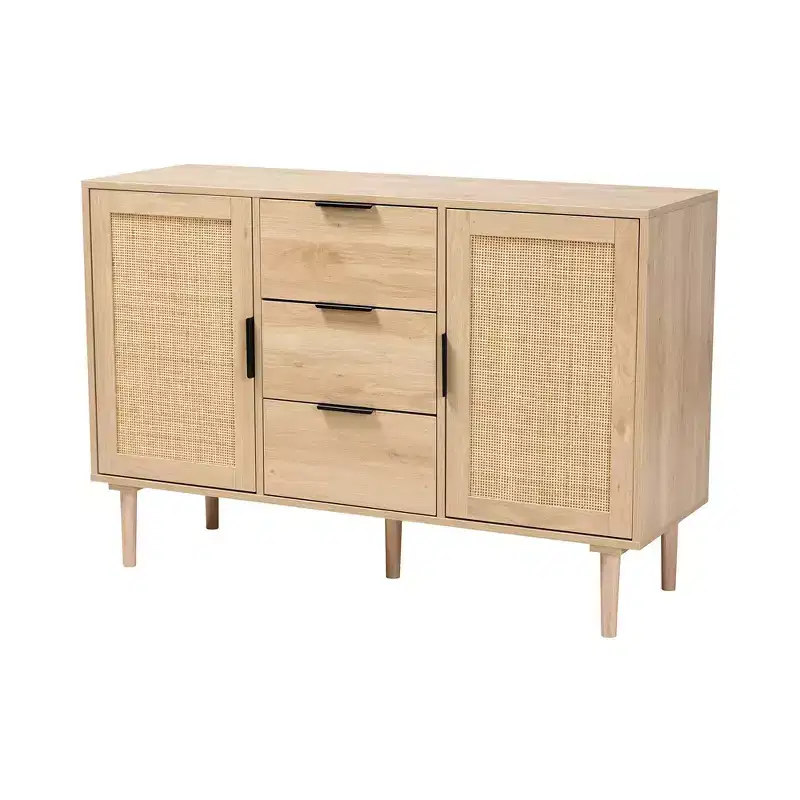 Harrison Wood and Rattan 3 Drawer Sideboard Dining Cabinet with Buffet Storage - Baxton Studio