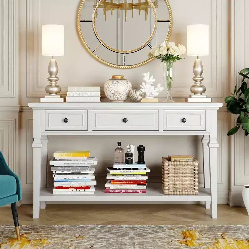 Classic Retro Console Table with 3-Top Drawers and Shelf