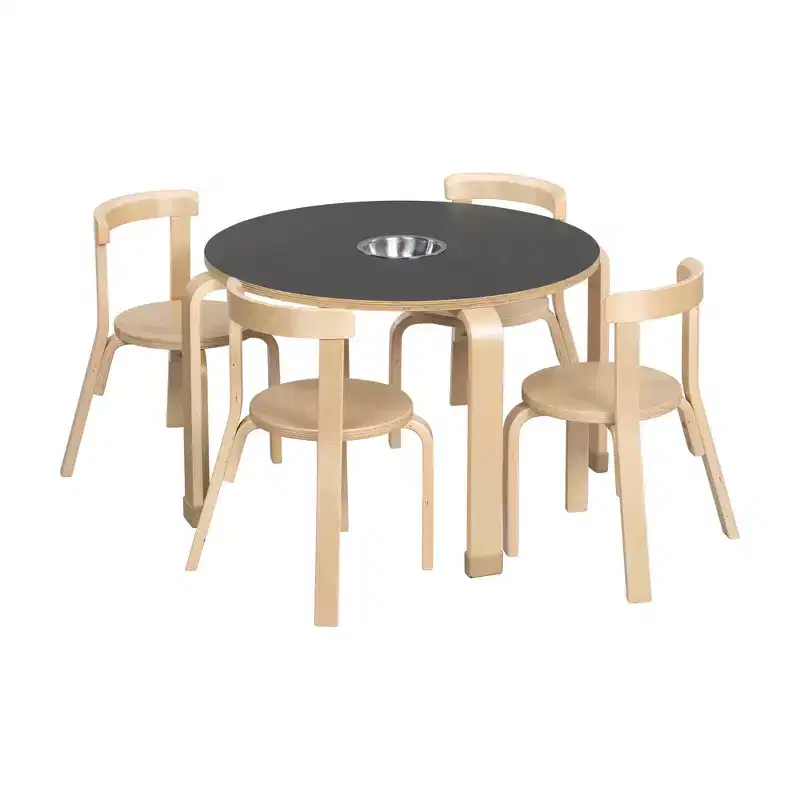 Round Bentwood Chalkboard Table and Curved Back Chair, Kids Furniture, Natural, 5-Piece