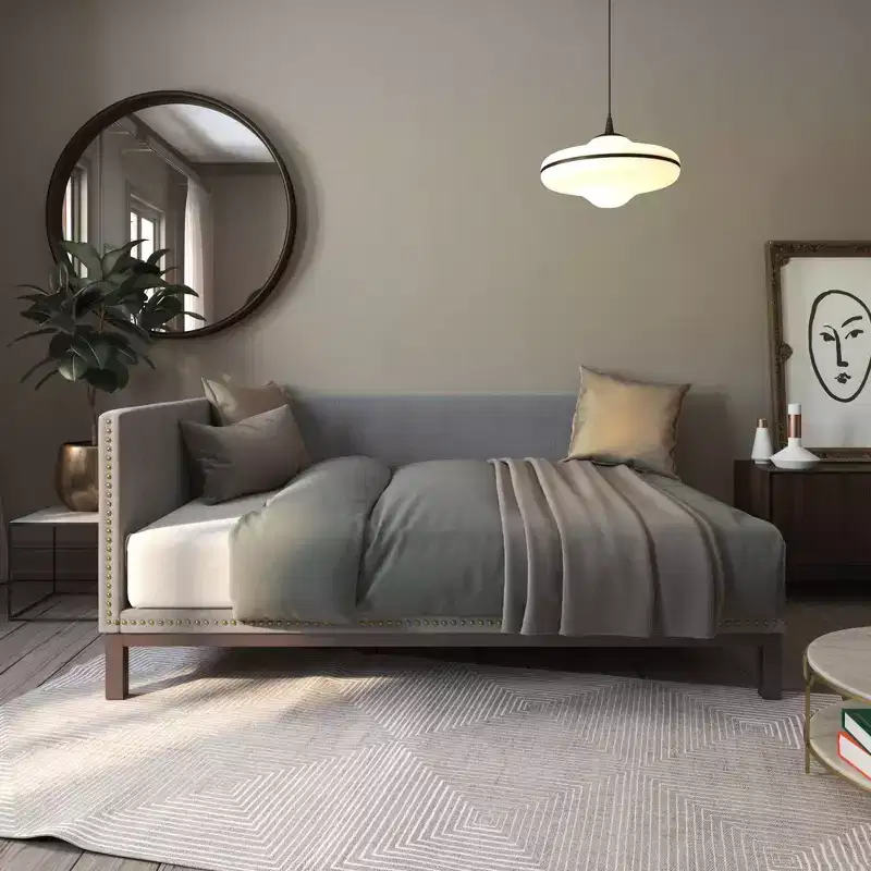 Mid-Century Upholstered Modern Daybed, Linen Fabric with Nail Head Trim
