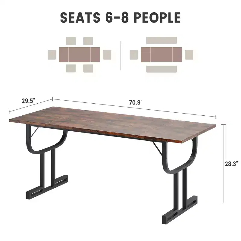 70.9 Inch Dining Table, Heavy Metal Support Legs, Wine Glass Leg Type Kitchen Table, Wear-Resistant Thickened Wooden Table Top for Dining Room