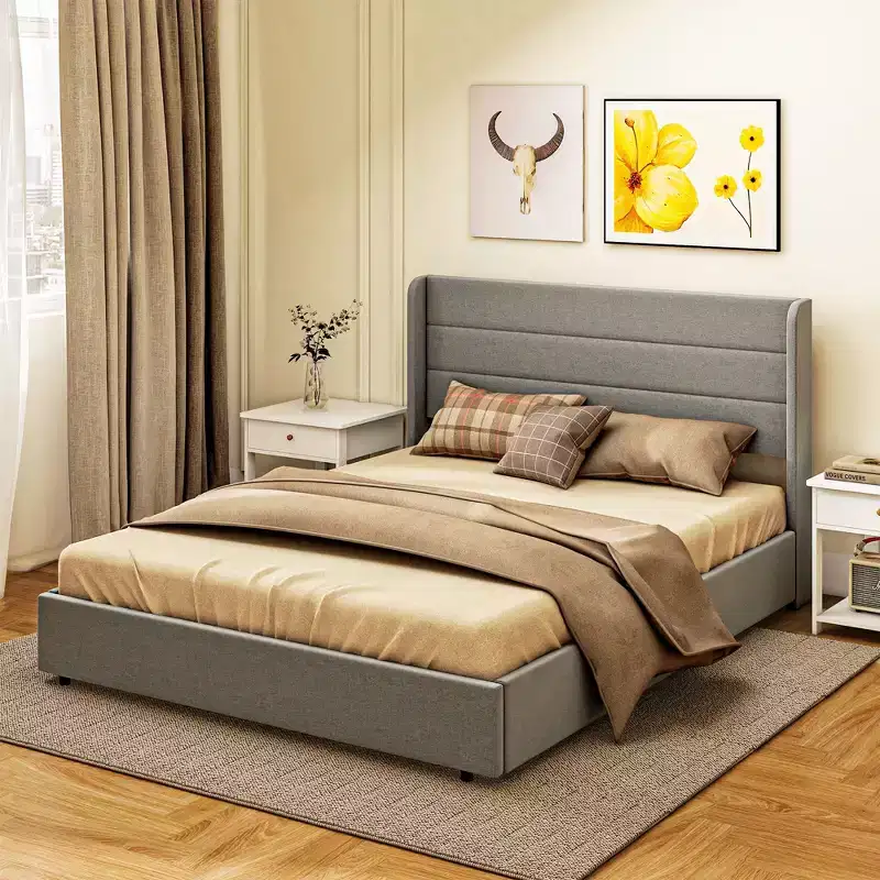 Modern Upholstered Bed with Headboard & 4 Storage Drawers – Full/Queen Bedroom Bed Frame