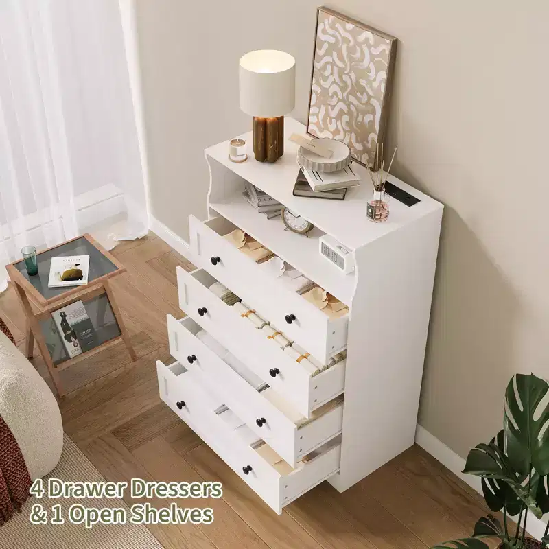 Wood 4-Drawer Dresser with LED Lights & Charging Station