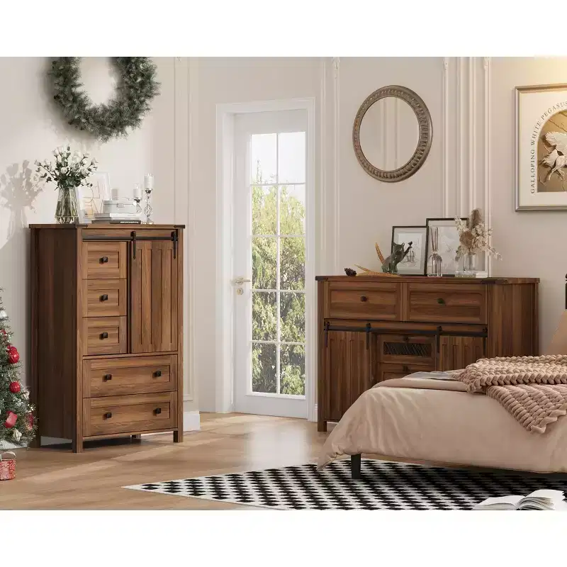 5-Drawer Dresser with Sliding Barn Door, 48 Tall Wood Chest of Drawers with Adjustable Shelf for Bedroom, Entryway, Living Room White