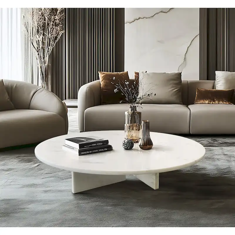 White/Beige/Blue Round Marble Coffee Table, 1-Top, 35.4