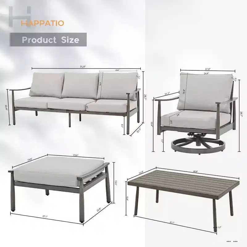 HAPPATIO 6 Pieces Aluminum Outdoor Conversation Set with 1 Three-Seater Sofa, Coffee Table, 2 Swivel Chairs and Ottomans