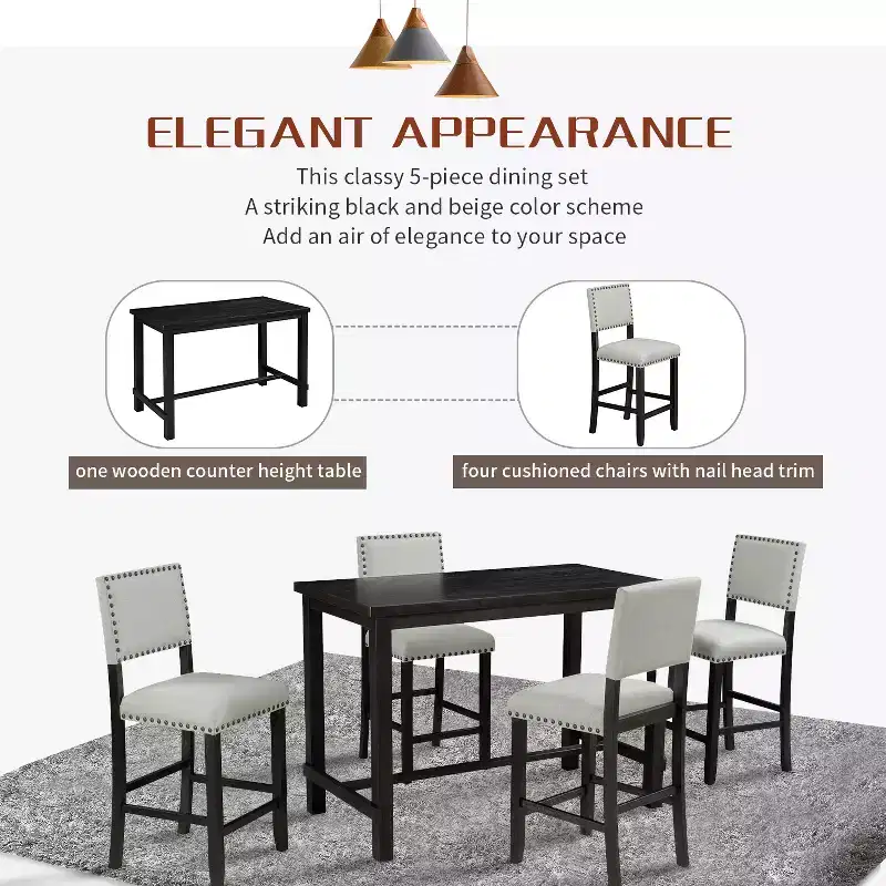 5-Piece Counter Height Dining Table Set Dining Set with Classic Dining Table and 4 Cushioned Dining Chairs, Natural Wood Wash/Espresso-ModernLuxe