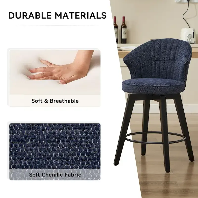 White / Blue / Dark Grey Swivel Bar Stools, Set of 2, Chenille Cushioned Counter Height Chairs with Metal Legs