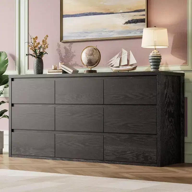 9 Drawer Dresser for Bedroom, 58W Wooden Chest of Drawers, Double Drawer TV Stand, Clothes Storage Organizer for Closet Hallway Bedroom