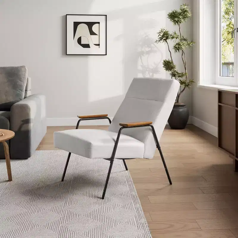 Upholstered Lounge Chair with Armrest, 120° Tilt & High-Density Foam Cushion, White Flannel