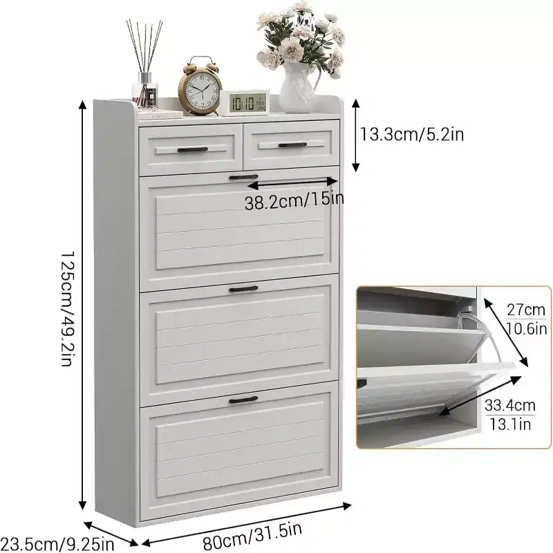 Shoe Storage Cabinet with 3 Flip Drawers and 2 Drawers, Hidden Wood Shoe Cabinet for Entryway, Freestanding Shoes Organizer Cabinet, Narrow Shoe Rack