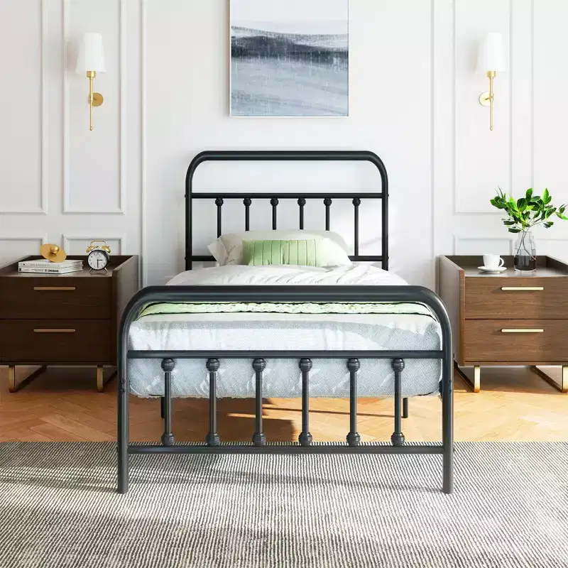 Twin Size Metal Platform Bed Frame with Headboard & Footboard, Steel Slat Mattress Foundation, Under Bed Storage, No Box Spring Needed, Black