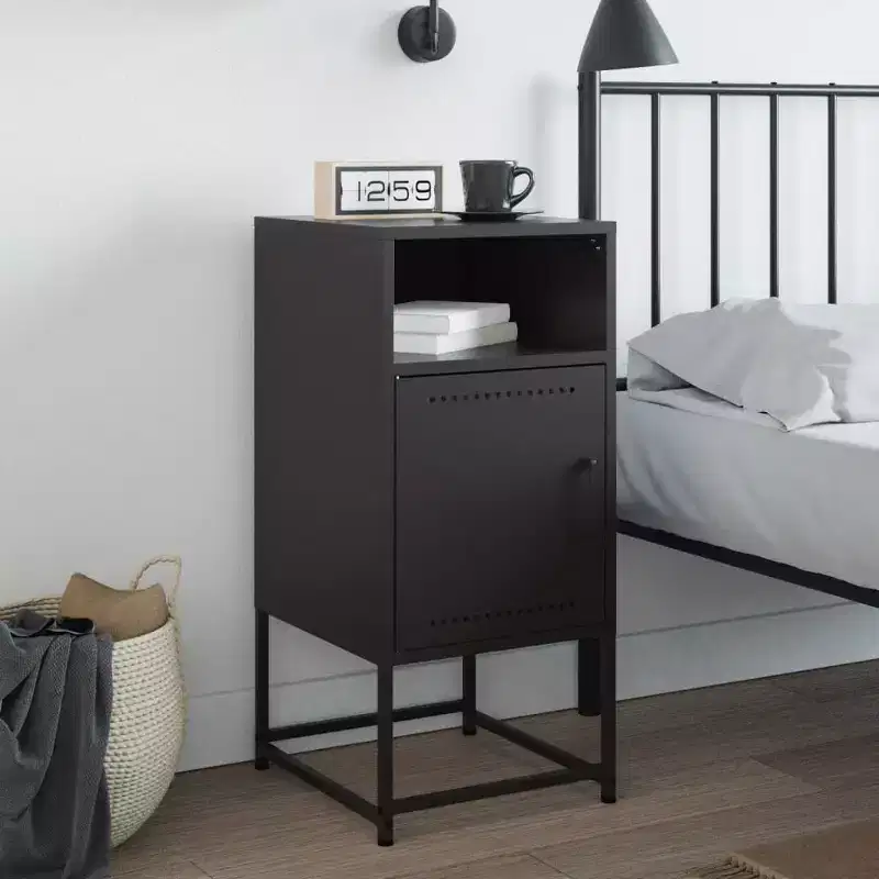 Industrial Steel Bedside Cabinet Nightstand with Adjustable Shelf - Black, 15.4