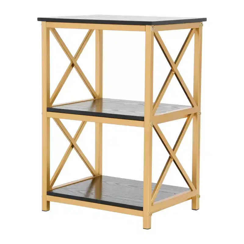 Metal and Reclaimed Wood 3-Tier Side Wood, Black and Gold