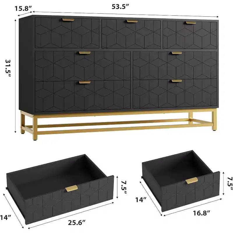 Dresser Bedroom 53.5 Wide Dresser Organizer 7 Drawer w/Golden Metal Handle,Legs